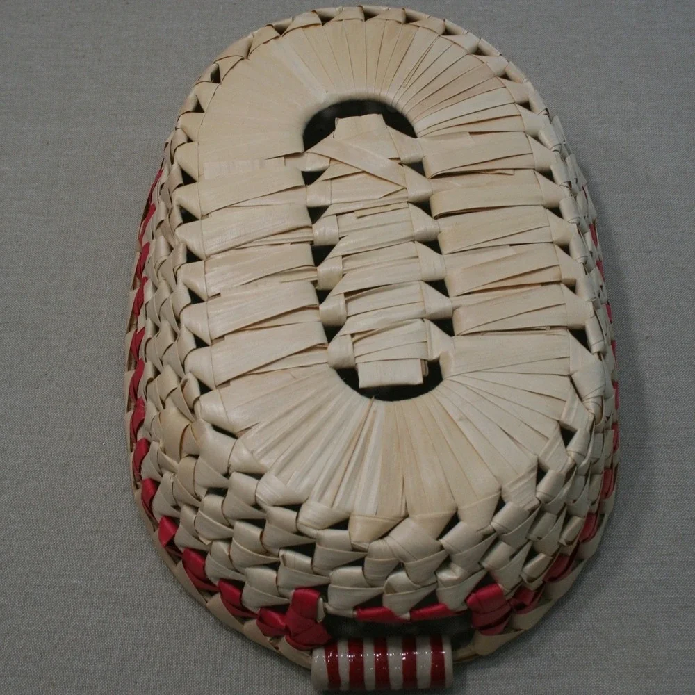Handmade Oval Wicker Bread Basket Natural Straw Red Ribbon Ceramic Handles